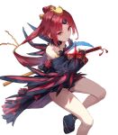  1girl arm_guards bangs benienma_(fate) benienma_alter_(fate) bird_hair_ornament black_dress blush breasts detached_collar detached_sleeves dress fate/grand_order fate_(series) feather-trimmed_sleeves feather_trim hair_ornament highres katana long_hair looking_at_viewer low_ponytail obi parted_bangs red_eyes red_hair sash short_dress small_breasts solo sword tesin_(7aehyun) thighs very_long_hair weapon white_background 