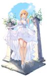  1girl bangs bare_shoulders blonde_hair blue_sky blush breasts brown_eyes chahei cleavage cloud commentary_request day dress elbow_gloves flower full_body genshin_impact gloves hair_flower hair_ornament highres long_hair looking_at_viewer lumine_(genshin_impact) medium_breasts see-through shoes sidelocks skirt_hold sky sleeveless sleeveless_dress solo standing veil wedding_dress white_dress white_flower white_footwear white_gloves 