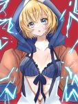  1girl :o adapted_costume animification apex_legends bangs blue_bra bodysuit bra collarbone electricity hair_behind_ear head_tilt highres hood hood_up hooded_jacket jacket looking_at_viewer navel open_mouth orange_jacket red_background ribbed_bra saki_(syauki1119) scar scar_on_cheek scar_on_face short_hair sleeves_past_fingers sleeves_past_wrists solo straight-on underwear upper_body wattson_(apex_legends) white_bodysuit 
