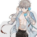  1boy bandaged_arm bandaged_head bandages bandaid_on_stomach bangs blood blue_eyes cable collarbone corded_phone grey_hair hands_up highres holding holding_phone hospital_gown hunter_x_hunter killua_zoldyck looking_away male_focus mr-study nipples open_clothes pectorals phone removing_bandages short_sleeves sideways_glance simple_background solo spiked_hair talking_on_phone toned toned_male upper_body white_background 
