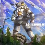  aircraft airplane blurry blurry_foreground character_name cloud contrail damaged fighter_jet gao_ex_kaiser glint highres jet looking_up mecha military military_vehicle missing_limb no_humans robot science_fiction sevenger sky smoke solo tokusatsu tree ultra_series yellow_eyes 