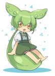  1girl :3 absurdly_long_hair barefoot commentary_request flat_chest frilled_sleeves frills full_body green_hair green_shorts green_suspenders hair_between_eyes long_hair looking_at_viewer nahori_(hotbeans) open_mouth personification puffy_short_sleeves puffy_sleeves shirt short_sleeves shorts sitting sitting_on_hair smile solo suspender_shorts suspenders very_long_hair voicevox white_background white_shirt yellow_eyes zundamon 