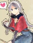  1girl ahoge bangs blue_eyes braid capelet eriza0714 fire_emblem fire_emblem_fates grey_hair hairband heart hood hooded_capelet low_twin_braids nina_(fire_emblem) parted_bangs red_capelet red_hood speech_bubble twin_braids white_hairband 