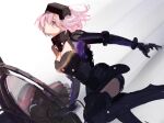  1girl armor armored_leotard black_armor fate/grand_order fate_(series) feet_out_of_frame gorget head-mounted_display highres holding holding_shield mash_kyrielight mash_kyrielight_(ortenaus) one_eye_covered pink_hair purple_eyes shield short_hair simple_background solo ubwmitekure white_background 