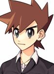  1boy absurdres bangs black_jacket brown_hair closed_mouth commentary_request gary_oak grey_eyes highres jacket jewelry male_focus necklace pokemon pokemon_(anime) pokemon_journeys shirt short_hair simple_background solo spiked_hair upper_body wanichi white_background white_shirt 
