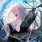  1girl ahoge bocchi_the_rock! gigbag gotoh_hitori guitar_case highres holding holding_umbrella instrument_case jacket looking_at_viewer looking_back nekoolantern outdoors pink_hair pink_jacket rain reflection revision solo transparent transparent_umbrella umbrella utility_pole water_drop 