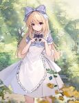  1girl absurdres alice_(black_souls) apron black_souls blonde_hair day dress forest highres long_hair looking_at_viewer nandou_zhen nature outdoors puffy_short_sleeves puffy_sleeves purple_eyes short_sleeves solo standing white_apron 