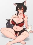  1girl animal_ear_fluff animal_ears barefoot black_hair blush bra breasts cleavage female_pubic_hair glasses highres hololive large_breasts lingerie long_hair multicolored_hair ookami_mio pubic_hair pubic_hair_peek red_hair solo streaked_hair tail tail_around_own_leg underwear varniskarnis virtual_youtuber wolf_ears wolf_girl wolf_tail 