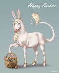  2023 ambiguous_gender basket blonde_hair blonde_mane blue_eyes bunny_costume clothing container costume digital_media_(artwork) easter easter_egg equid equine feral hair hi_res holidays hooves horn looking_at_viewer mammal mane solo superlavplov tail tongue tongue_out unicorn white_body yellow_tail 