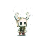  boots brown_footwear empty_eyes highres hollow_knight hood hood_up horned_mask horns_through_hood knight_(hollow_knight) looking_to_the_side mask no_humans ocohc rain rubber_boots simple_background standing water_drop white_background yellow_raincoat 