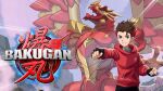  2boys bakugan bakugan_(2023) black_gloves blue_eyes brown_hair dan_kouzo drago_(bakugan) fingerless_gloves gloves highres hood hoodie logo long_sleeves looking_at_viewer male_focus multicolored_hair multiple_boys official_art red_eyes red_hair red_hoodie smile streaked_hair wings 