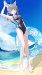  1girl absurdres animal_ear_fluff animal_ears barefoot beach black_one-piece_swimsuit blue_archive blue_eyes blue_sky breasts cloud competition_swimsuit covered_navel cross_hair_ornament day eru_aise extra_ears grey_hair hair_ornament halo highres horizon innertube looking_at_viewer low_ponytail medium_hair mismatched_pupils multicolored_clothes multicolored_swimsuit ocean official_alternate_costume one-piece_swimsuit one_eye_closed outdoors shiroko_(blue_archive) shiroko_(swimsuit)_(blue_archive) sky small_breasts solo swimsuit wolf_ears 