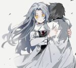  1boy 1girl angela_(project_moon) ayin_(project_moon) black_hair black_vest blue_hair coat he_(minty) hug lab_coat lobotomy_corporation long_hair long_sleeves necktie one_side_up parted_bangs project_moon red_necktie sidelocks very_long_hair vest white_coat 