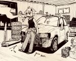  1girl ahoge alternate_costume car cigarette commentary_request creature datsan expressionless full_body garage hair_ornament hatching_(texture) highres indoors jumpsuit jumpsuit_around_waist leaning_back leaning_on_object looking_away mechanic monochrome motor_vehicle mouth_hold oil_can print_tank_top sepia short_hair_with_long_locks smoke_trail smoking solo tank_top tire tools traffic_cone vehicle_request voiceroid wrench yuzuki_yukari 