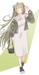  alternate_costume bag black_bag black_bow black_footwear bow closed_eyes closed_mouth clothes_writing double_bun dress goddess_of_victory:_nikke green_hair green_jacket hair_bow hair_bun highres holding holding_bag jacket long_hair ninchan smile soda_(nikke) sundress very_long_hair 