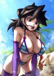  1girl artist_name bikini black_eyes black_hair blue_sky borrowed_character bow breasts cleavage cloud cosplay crab day elbow_gloves funi_xd gloves highres large_breasts long_hair lucia_(scott_malin) me!me!me! meme_(me!me!me!) meme_(me!me!me!)_(cosplay) navel open_mouth original outdoors plant purple_gloves purple_thighhighs red_bow shadow sky solo striped striped_bikini swimsuit thighhighs tree 
