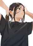  1girl arms_up black_shirt brown_eyes brown_hair closed_mouth long_hair mattaku_mousuke original shirt short_sleeves simple_background solo twitter_username upper_body watermark white_background 