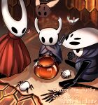  6+others absurdres antennae black_eyes bug character_request cloak commentary_request dated english_text grey_cloak highres hollow_knight hood hornet_(hollow_knight) horns knight_(hollow_knight) multiple_others red_cloak signature sitting spider top-exerou wings 