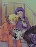  2boys blonde_hair blue_eyes craig_tucker gloves hat highres holding holding_magazine juice_box kenny_mccormick magazine_(object) male_child male_focus multiple_boys open_magazine pornography reading short_hair sitting south_park tongue tongue_out ume-bayashi 