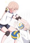  1girl blue_archive blue_shorts blush closed_eyes closed_mouth halo hifumi_(blue_archive) highres light_brown_hair long_hair multiple_views ponytail shirt shorts simple_background sweatdrop tagme volleyball white_background white_shirt yellow_halo zundamochi_(sera) 