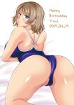  1girl ass blush breasts brown_hair cameltoe competition_swimsuit from_behind highres love_live! love_live!_sunshine!! ogawa_mashiro one-piece_swimsuit short_hair simple_background solo swimsuit thighs watanabe_you wavy_hair 