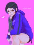  1girl artist_name black_hair blue_eyes breasts character_request cleavage commentary_request cowboy_shot fingerless_gloves gloves highres hood hoodie jacket looking_at_viewer multicolored_hair purple_background quasimodox simple_background solo tekken thighs two-tone_hair 