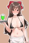  1girl bikini black_bikini blush bow breasts brown_background brown_eyes brown_hair cleavage closed_mouth cowboy_shot food furaggu_(frag_0416) hair_bow highres holding holding_tray ice_cream ice_cream_float kantai_collection large_breasts long_hair looking_at_viewer mamiya_(kancolle) navel red_bow simple_background solo swimsuit tray 