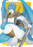  absurd_res anthro areola blue_body blue_scales breasts clothed clothing crouching dragon female hi_res holding_object holding_sword holding_weapon melee_weapon membrane_(anatomy) membranous_wings nipples one_breast_out osada scales scalie solo sword thick_thighs weapon white_body wings 