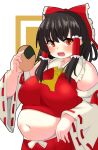 1girl absurdres bare_shoulders black_hair blush bow breasts commentary_request detached_sleeves fat food frilled_bow frilled_hair_tubes frills hair_between_eyes hair_bow hair_tubes hakurei_reimu highres holding holding_food jaggy_lines large_breasts long_hair long_sleeves looking_at_viewer midriff navel nerizou open_hand open_mouth red_bow red_eyes red_skirt ribbon-trimmed_sleeves ribbon_trim sidelocks simple_background skirt solo thick_arms touhou upper_body white_background wide_sleeves yellow_background 