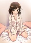  1girl barefoot bed blush breasts brown_eyes brown_hair cleavage collarbone commentary_request full_body highres ichimi_renge long_sleeves medium_hair no_hairband on_bed open_mouth pajamas pillow second-party_source sitting solo suzumiya_haruhi suzumiya_haruhi_no_yuuutsu white_pajamas 