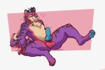  anthro balls felid fur furvidd genitals hi_res horn knot legs_up male mammal muscular pantherine pawpads paws purple_body purple_fur raised_leg slightly_chubby solo tiger 