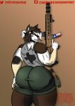  absurd_res anthro big_butt blue_eyes brown_body brown_fur butt butt_grab canid canine fur gun hand_on_butt hi_res looking_at_viewer looking_back male mammal mocha ranged_weapon simple_background solo texas weapon 