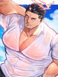 1boy arm_behind_head bara black_hair collarbone facial_hair flaming_halo halo highres large_pectorals looking_at_viewer male_focus mature_male muscular muscular_male pectorals satou_shouhei shirt short_hair sideburns solo stubble tokyo_afterschool_summoners wet wet_clothes wet_shirt yellow_eyes zabaniyya_(housamo) 