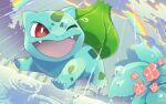  animal_focus bright_pupils bulbasaur bush claws cloud fang flower fujituki no_humans nostrils one_eye_closed open_mouth outdoors pink_flower pokemon pokemon_(creature) puddle rain rainbow red_eyes ripples running solo water_drop white_pupils 