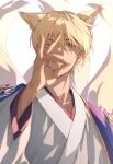  1boy amuro_tooru animal_ear_fluff animal_ears blue_eyes blurry depth_of_field extra_ears fox_boy fox_ears fox_shadow_puppet fox_tail hair_between_eyes hand_up highres japanese_clothes kimono long_sleeves looking_at_viewer male_focus meitantei_conan multiple_tails one_eye_closed parted_lips short_hair simple_background smile solo tail uneechip upper_body white_background 