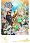  1boy 1girl addam_origo arm_guards armor bare_shoulders black_gloves black_shirt blonde_hair breasts brown_eyes circlet cleavage cleavage_cutout closed_mouth clothing_cutout core_crystal_(xenoblade) dress gloves grey_hair holding holding_sword holding_weapon long_hair looking_at_viewer mizuki_riko mythra_(xenoblade) shirt short_hair swept_bangs sword weapon white_dress white_gloves xenoblade_chronicles_(series) xenoblade_chronicles_2 xenoblade_chronicles_2:_torna_-_the_golden_country yellow_eyes 