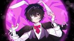  1boy :q animal_ears bandage_on_face bandage_over_one_eye bandaged_arm bandaged_neck bandages black_eyes black_hair black_vest bow bowtie bungou_stray_dogs closed_mouth collared_shirt cuffs dazai_osamu_(bungou_stray_dogs) earrings handcuffs hands_up highres jewelry looking_at_viewer male_focus necktie pink_background rabbit_ears red_bow red_bowtie red_nails red_necktie rnoeru_chan shirt short_hair sleeves_rolled_up smile solo sparkle tongue tongue_out upper_body vest white_shirt 