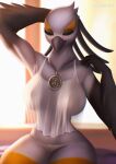  accipitriform aggretsuko aozee avian beauty_mark big_breasts bird breasts clothing eyes_closed female hi_res inside jewelry necklace sanrio secretary_bird secretary_washimi solo underwear 