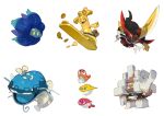  belt belt_bag belt_buckle black_belt black_eyes bright_pupils buckle coin dondozo e_volution fish garganacl gholdengo glimmora kingambit looking_up open_mouth pokemon simple_background tatsugiri tongue white_background white_pupils yellow_eyes 