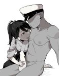  1boy 1girl admiral_(kancolle) blush faceless faceless_male full-face_blush geso_smith greyscale hakama handjob hat highres houshou_(kancolle) japanese_clothes kantai_collection kimono licking licking_nipple monochrome nipples open_mouth peaked_cap penis ponytail simple_background tongue tongue_out white_background 