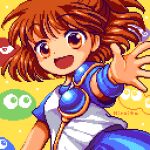  1girl arle_nadja blue_skirt blush brown_eyes brown_hair hiroita looking_at_viewer lowres madou_monogatari multiple_others open_mouth pixel_art ponytail puyo_(puyopuyo) puyopuyo skirt yellow_background 