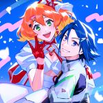  1boy 1girl blue_eyes blush bow bracelet carrying cleavage_cutout clothing_cutout couple dress freyja_wion gloves green_eyes hair_between_eyes hair_bow hair_ornament hairclip hand_on_another&#039;s_shoulder hayate_immelmann head_tilt heart hetero highres jewelry looking_at_viewer macross macross_delta mosako parted_lips pilot_suit princess_carry puffy_short_sleeves puffy_sleeves red_gloves red_ribbon ribbon short_sleeves smile w white_bow white_dress 