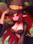  1girl arm_up black_dress breasts cleavage dress dungeon_and_fighter hat highres hwaryeok jewelry large_breasts long_hair long_pointy_ears long_sleeves open_mouth pointy_ears purple_eyes red_hair sidelocks solo transcendent_nornil very_long_hair wide_sleeves witch witch_hat 