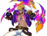  1boy abs bara beard belt black_belt black_gloves blonde_hair draven facial_hair fur-trimmed_jacket fur_trim gloves highres holding holding_weapon jacket large_pectorals mag_cora_imparo male_focus muscular muscular_male navel open_clothes open_jacket pants pectorals purple_jacket short_hair simple_background solo soul_fighter_draven sunglasses teeth weapon white_background white_pants 