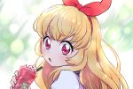  1girl :o aikatsu! aikatsu!_(series) blonde_hair bow commentary cup disposable_cup drinking_straw hair_bow hairband highres holding holding_cup hoshimiya_ichigo long_hair looking_at_viewer milkshake okameti open_mouth red_bow red_eyes red_hairband solo symbol-only_commentary upper_body 