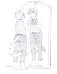  2021 anthro biped bottomwear clothed clothing digitigrade dipstick_tail domestic_cat eyebrows felid feline felis hair hi_res inner_ear_fluff looking_at_mirror looking_at_object malachyte male mammal markings mirror necktie pants pupils reflection ring_(marking) ringtail shirt short_hair sketch slit_pupils smile solo standing tail tail_markings topwear tuft vest woodside 