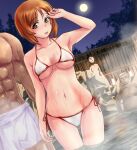  1girl bikini blush breasts brown_eyes brown_hair commentary covered_nipples embarrassed fence full_moon girls_und_panzer groin halterneck highres kabutowari light_frown looking_at_viewer medium_breasts mixed_bathing moon multiple_boys muscular muscular_male navel night night_sky nishizumi_miho onsen open_mouth pubic_hair rock short_hair side-tie_bikini_bottom sky solo standing star_(sky) starry_sky steam string_bikini swimsuit wading water wet white_bikini 