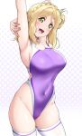  1girl :d arm_up armpits blonde_hair blush braid breasts covered_navel crown_braid groin highleg highleg_swimsuit highres large_breasts looking_at_viewer love_live! love_live!_sunshine!! medium_hair ohara_mari one-piece_swimsuit one_side_up open_mouth polka_dot polka_dot_background purple_one-piece_swimsuit smile solo swimsuit thighhighs white_thighhighs yellow_eyes yopparai_oni 