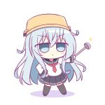  1girl black_sailor_collar black_thighhighs blue_eyes blush bucket_hat chibi frown grey_hair hair_between_eyes hand_on_own_hip hand_up hat hibiki_(kancolle) highres holding holding_ladle kantai_collection kashimu ladle long_hair long_sleeves looking_at_viewer neckerchief pleated_skirt red_neckerchief sailor_collar school_uniform serafuku simple_background skirt solo thighhighs white_background 