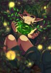  1girl absurdres blue_eyes blurry boots branch depth_of_field floating foliage forest_medallion green_footwear green_hair green_sweater hairband highres holding leaf light_particles long_sleeves lying mi9clous on_back ponytail saria_(the_legend_of_zelda) short_hair signature smile solo sweater swept_bangs the_legend_of_zelda the_legend_of_zelda:_ocarina_of_time 